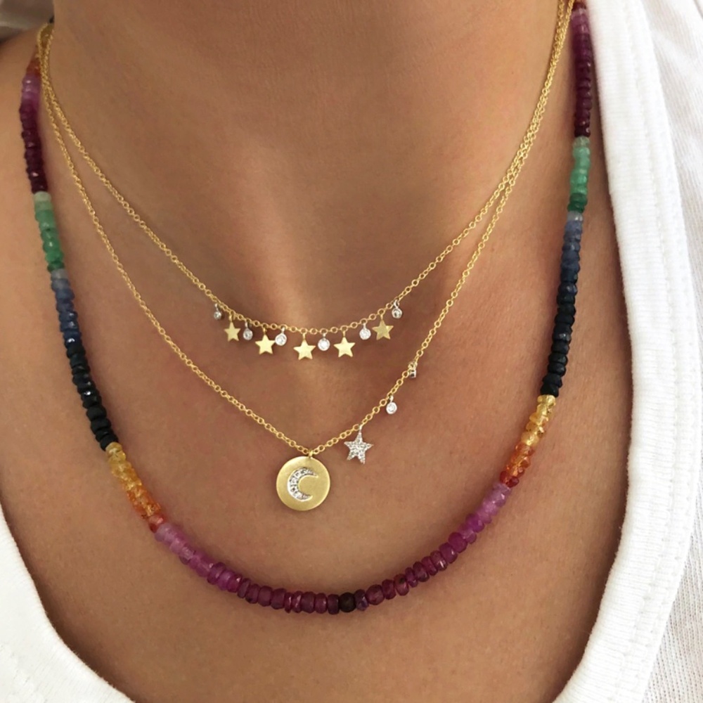 Ruby, Sapphire and Emerald rainbow necklace. 18” w extender. Hand made in LA!